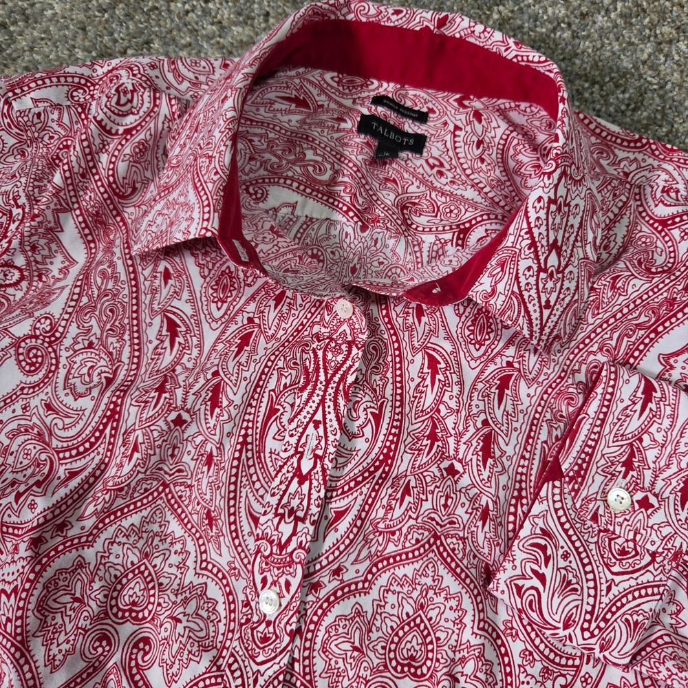 Talbots Red White Paisley Wrinkle Resistant Button Down Top Women 16 Long Sleeve